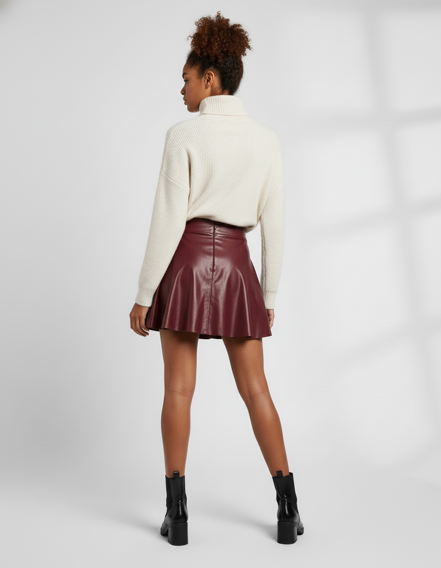 Jupe Plissée Simili Cuir Bordeaux