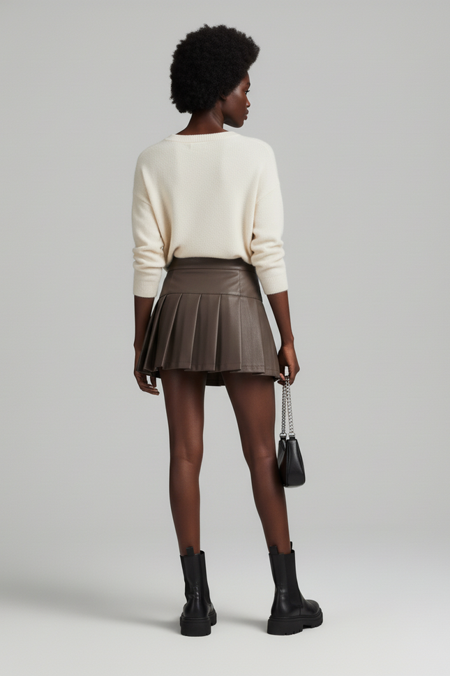 Jupe Plissée Simili Cuir Marron