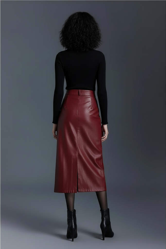Jupe Crayon Cuir Bordeaux