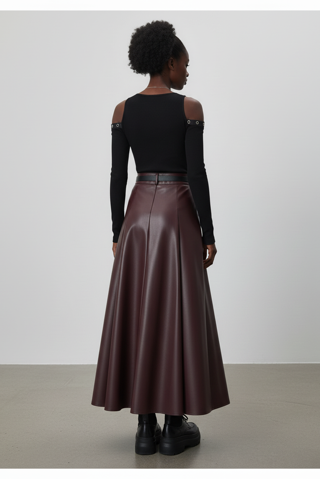 Jupe Longue Simili Cuir Bordeaux