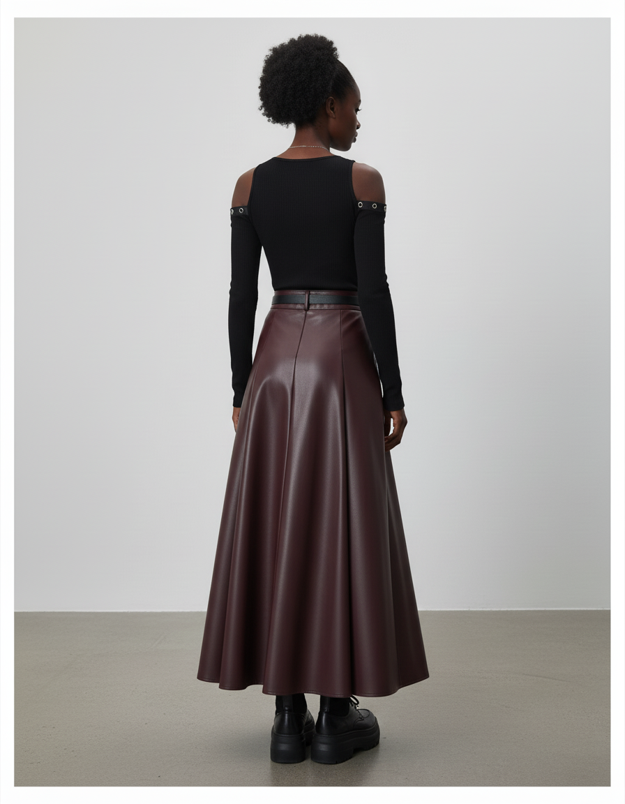 Jupe Longue Simili Cuir Bordeaux