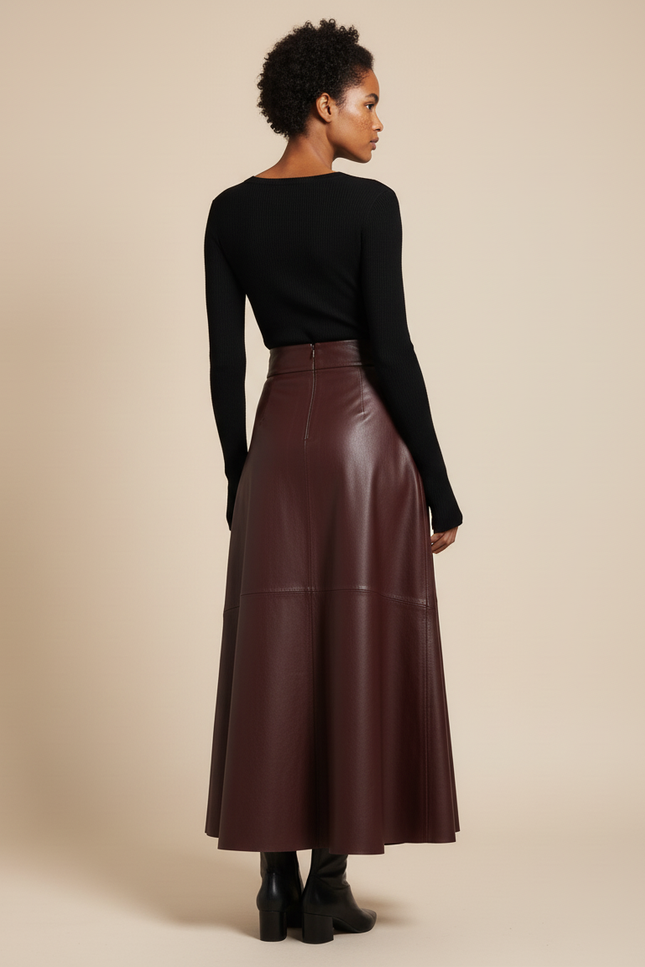 Jupe Longue Cuir Bordeaux