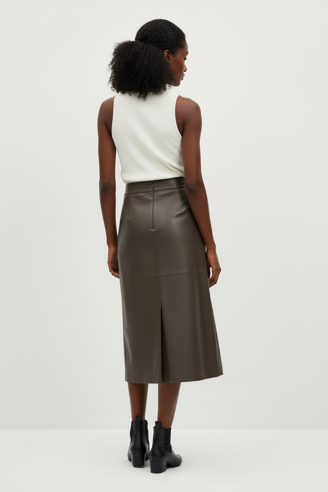 Jupe Cuir Marron Mi-Longue