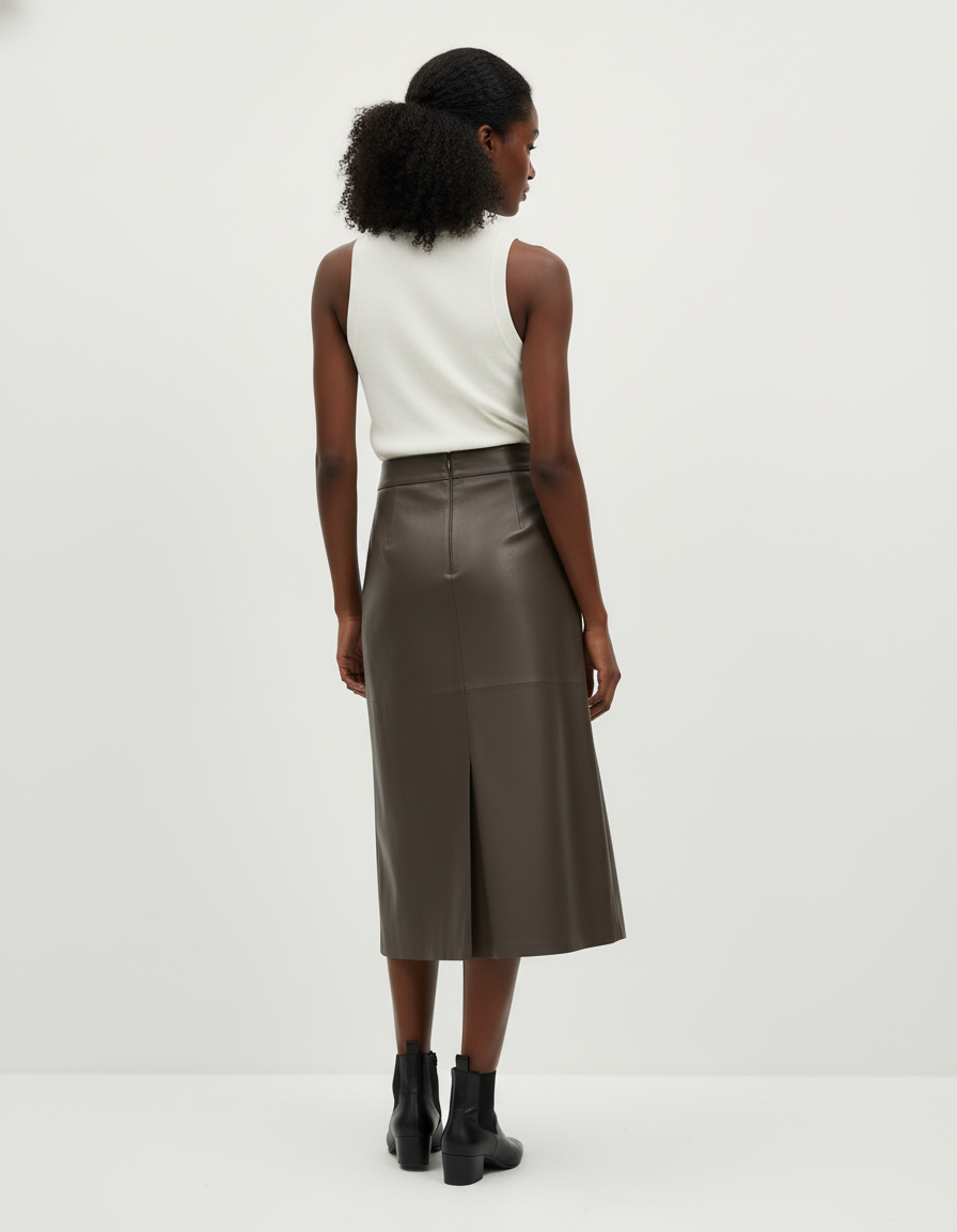 Jupe Cuir Marron Mi-Longue