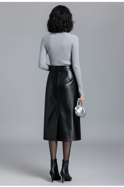 Jupe Simili Cuir Bouton