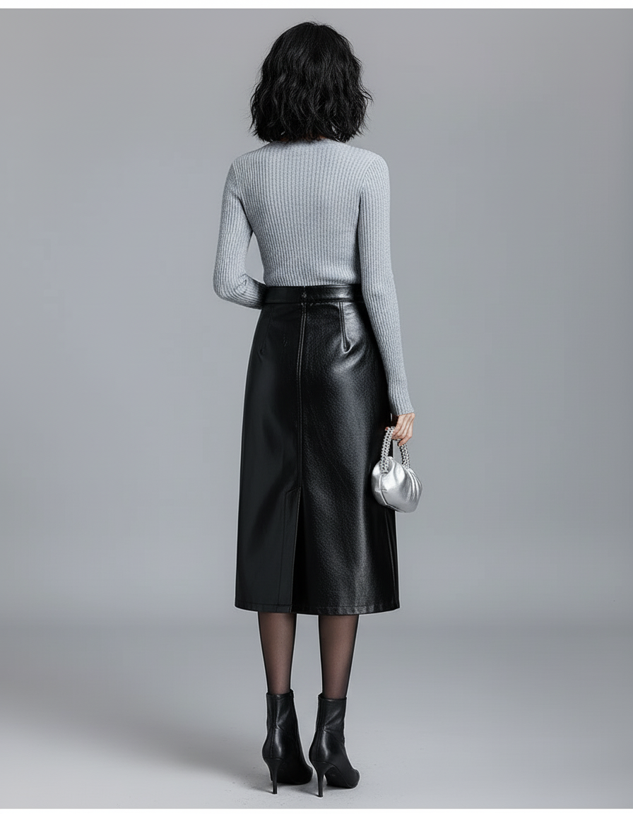 Jupe Simili Cuir Bouton