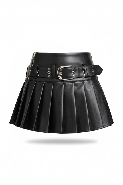 Jupe Plissée Noire Simili Cuir Courte