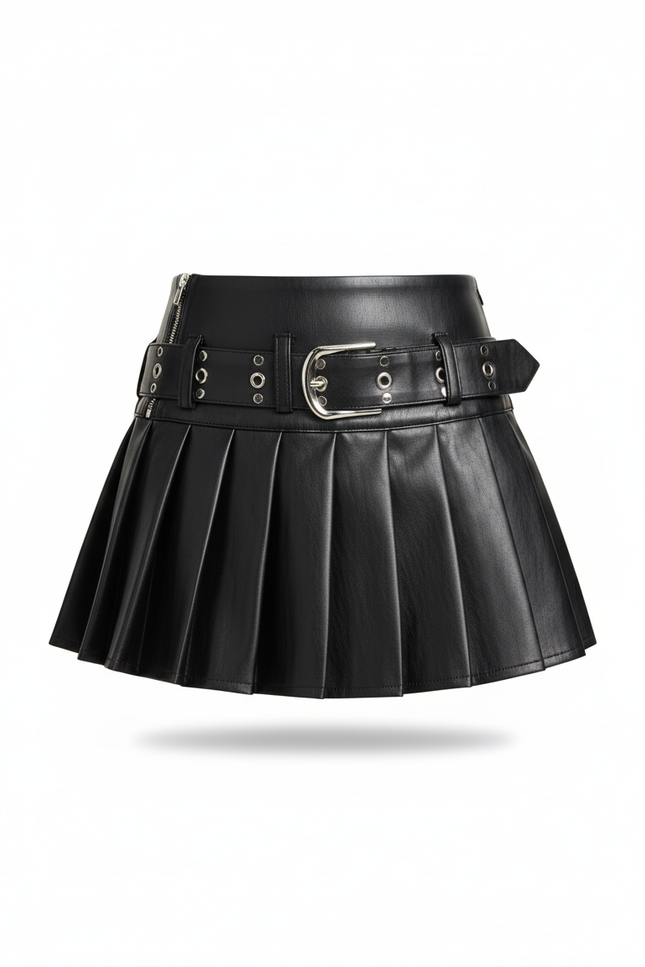 Jupe Plissée Noire Simili Cuir Courte