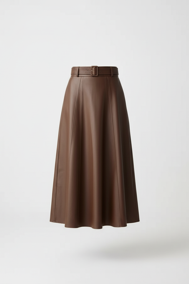 Jupe Cuir Marron Évasée Élégante