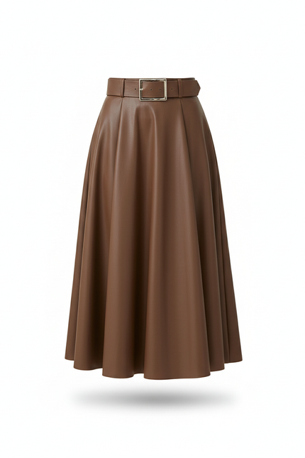 Jupe Cuir Marron Ceinturée Élégante