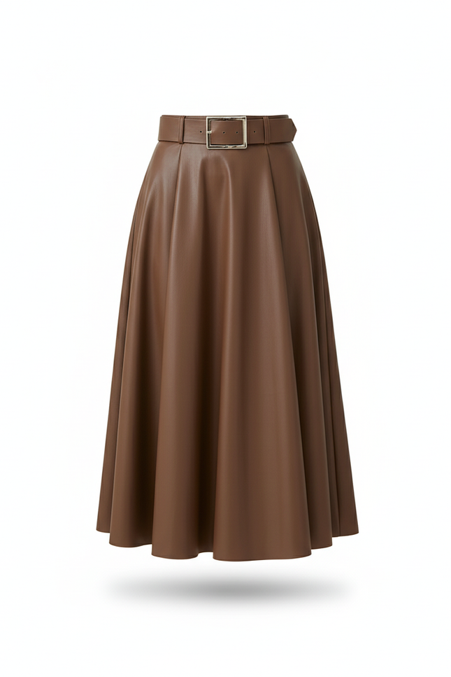 Jupe Cuir Marron Ceinturée Élégante