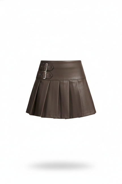 Jupe Plissée Simili Cuir Marron