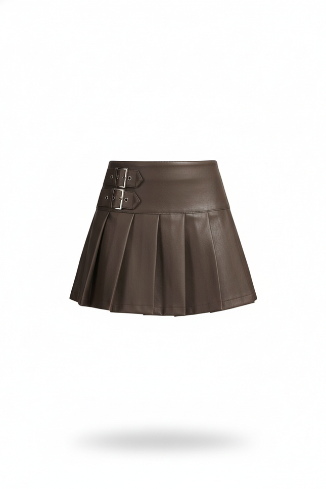 Jupe Plissée Simili Cuir Marron